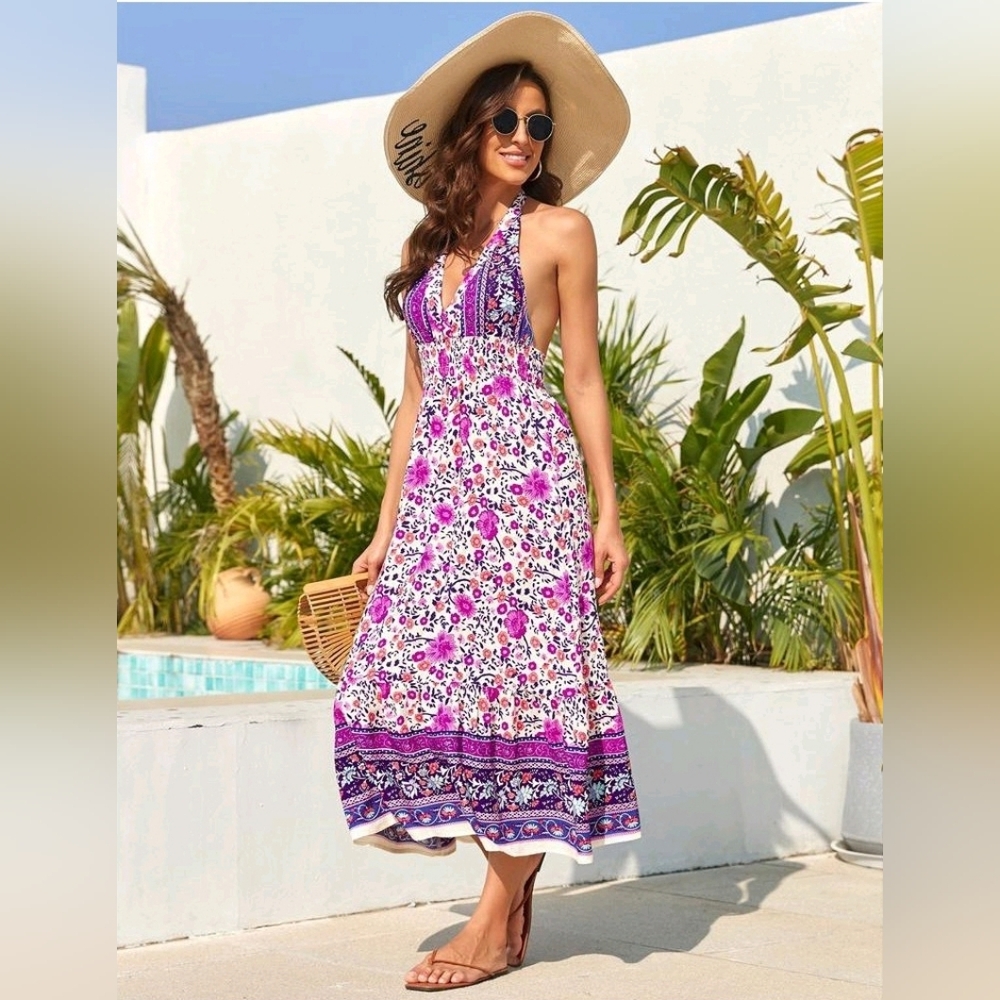 NWT! Kojooin Womens Large Boho Colorful Maxi Halter Open Back Summer Sun Dress